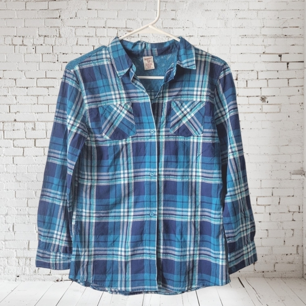 Girls Arizona Blue Plaid Button-Up Shirt Size XL